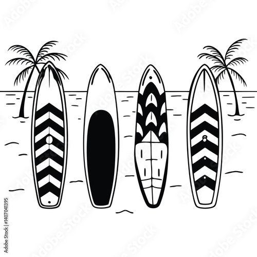 Four Paddleboards Resting on a Sandy Beach Near Palm Trees Summer Vacation Design, Kid's Coloring Book