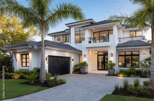 the front of the home with white walls and modern accents, in sunset light, on an elegant street, showcasing its low flat roof design