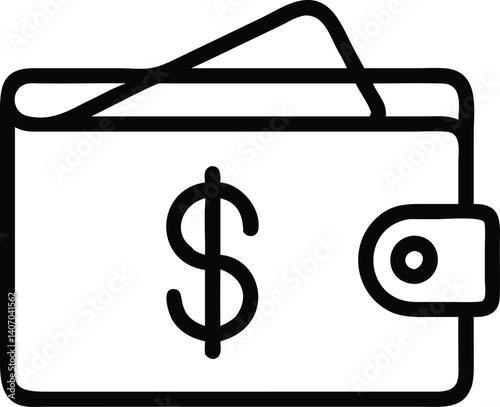Minimalist wallet icon, dollar sign, black and white outline, simple geometric shapes, financial symbol, thin line drawing, money concept, digital wallet illustration, compact design, banking app icon