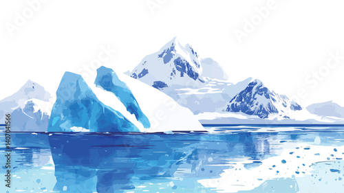 Watercolor painting depicting a serene landscape of icebergs floating in calm water, with snow-capped mountains in the background. The color palette is primarily cool blues and whites.