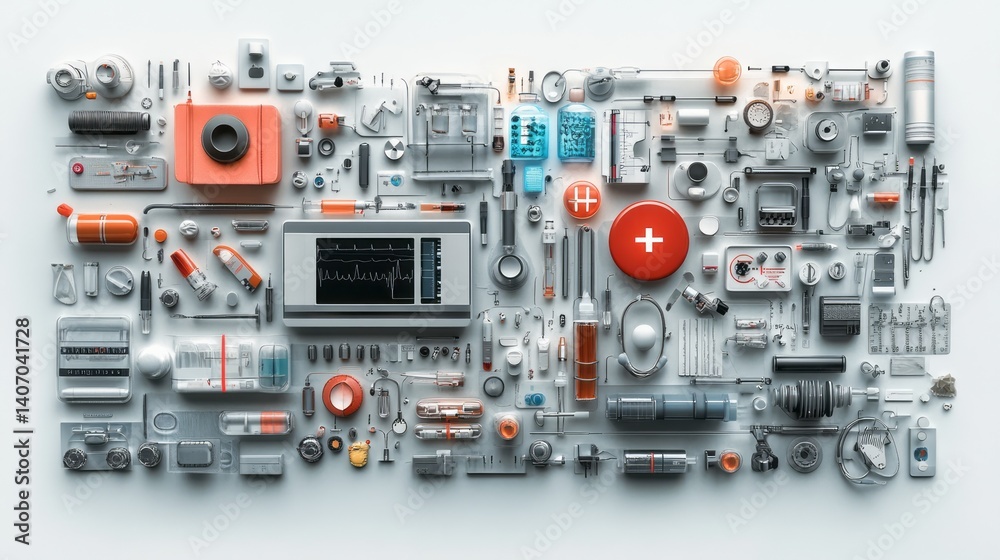 An array of medical supplies are organized and displayed neatly