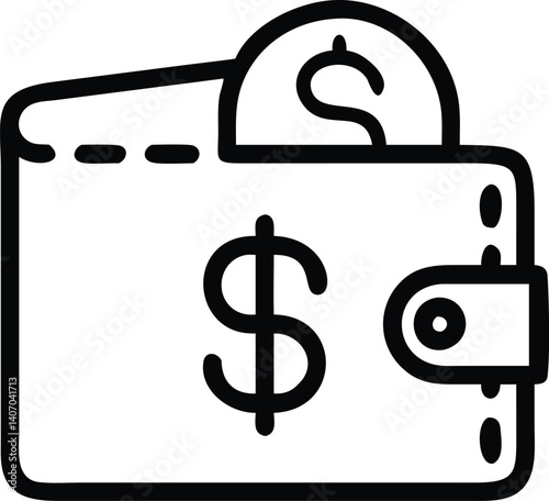 Minimalist wallet icon, dollar sign, black and white outline, simple geometric shapes, financial symbol, thin line drawing, money concept, digital wallet illustration, compact design, banking app icon
