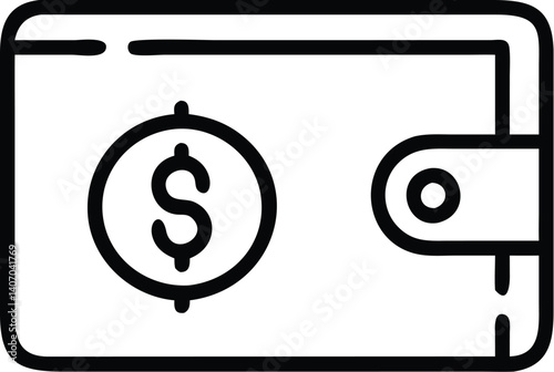 Minimalist wallet icon, dollar sign, black and white outline, simple geometric shapes, financial symbol, thin line drawing, money concept, digital wallet illustration, compact design, banking app icon