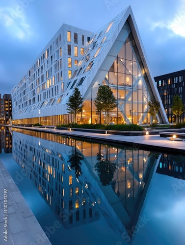 A large, angular office building in the shape of an isosceles triangle, with lights on inside and reflecting off the water at dusk