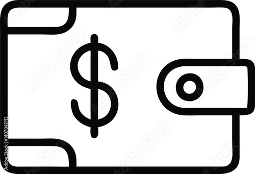 Minimalist wallet icon, dollar sign, black and white outline, simple geometric shapes, financial symbol, thin line drawing, money concept, digital wallet illustration, compact design, banking app icon