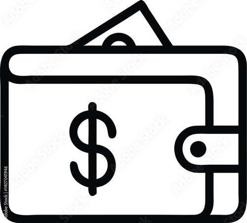 Minimalist wallet icon, dollar sign, black and white outline, simple geometric shapes, financial symbol, thin line drawing, money concept, digital wallet illustration, compact design, banking app icon