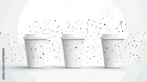 The image showcases three identical white disposable coffee cups arranged in a row against a light gray background.  Each cup is depicted with a slightly shadowed base