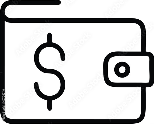 Minimalist wallet icon, dollar sign, black and white outline, simple geometric shapes, financial symbol, thin line drawing, money concept, digital wallet illustration, compact design, banking app icon