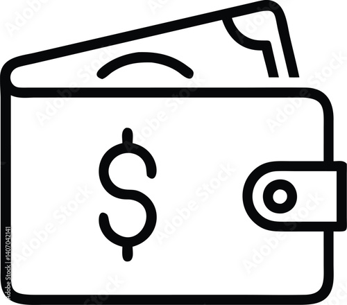 Minimalist wallet icon, dollar sign, black and white outline, simple geometric shapes, financial symbol, thin line drawing, money concept, digital wallet illustration, compact design, banking app icon