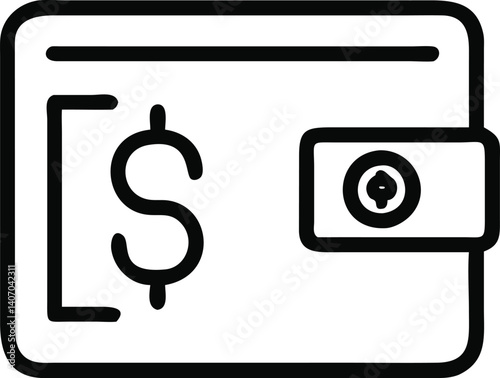 Minimalist wallet icon, dollar sign, black and white outline, simple geometric shapes, financial symbol, thin line drawing, money concept, digital wallet illustration, compact design, banking app icon
