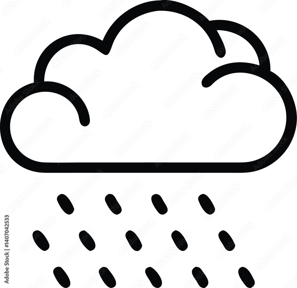 Simple line drawing, clouds and rain, weather icon, black and white illustration, minimalist design, meteorological symbol, storm graphic, outline style, clean lines, monochrome artwork, raindrop patt Simple line drawing, clouds and rain, weather icon, black and white illustration, minimalist design, meteorological symbol, storm graphic, outline style, clean lines, monochrome artwork, raindrop patt