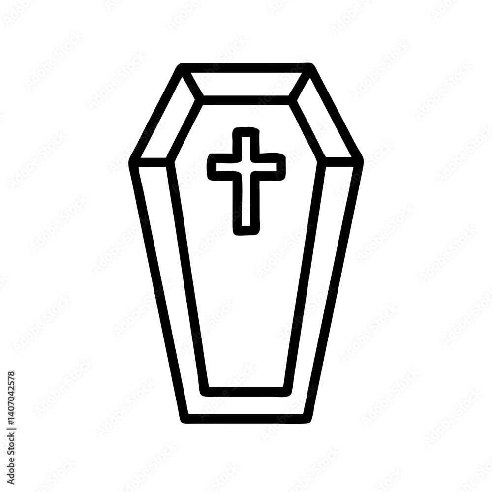 Coffin outline with cross symbol in minimalist style Coffin outline with cross symbol in minimalist style