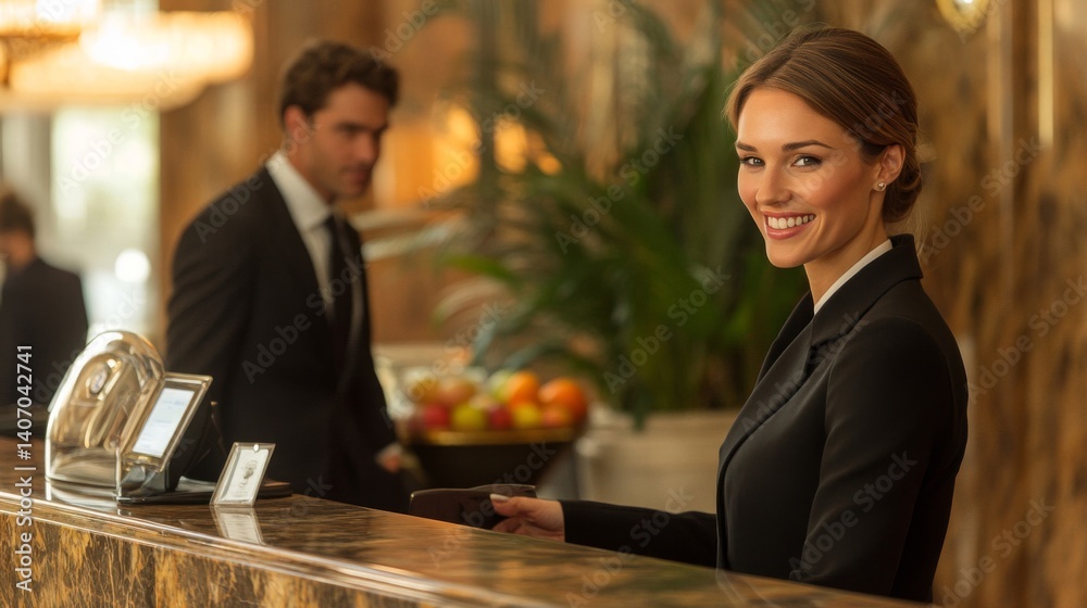 Smiling Hotel Receptionist Assisting Guest at a Luxurious Hotel Smiling Hotel Receptionist Assisting Guest at a Luxurious Hotel