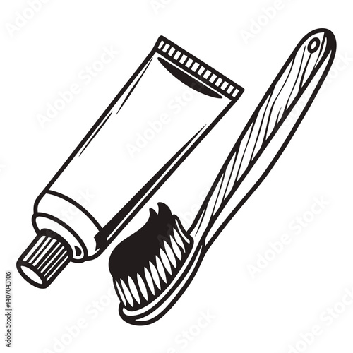 Toothbrush and Toothpaste Line Art Illustration Perfect for Dental Hygiene Designs, Kid's Coloring Book