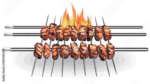 Close-up shot of three parallel metal skewers laden with pieces of grilled meat. The meat is browned and appears cooked.  Bright orange flames are visible directly above the skewers