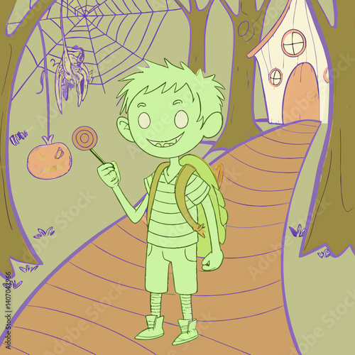 Cartoon zombie boy with backpack and candy in a Halloween fantasy world – vector illustration