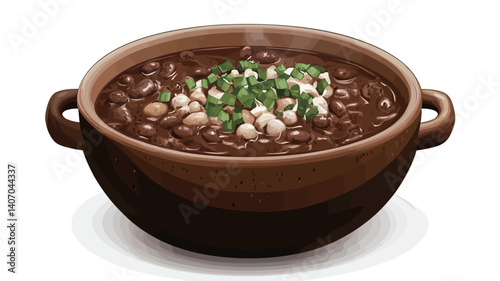 A high-angle, close-up shot depicts a brown earthenware bowl filled with a dark brown bean stew. The stew appears thick and is topped with small, white pieces and finely chopped green onions.