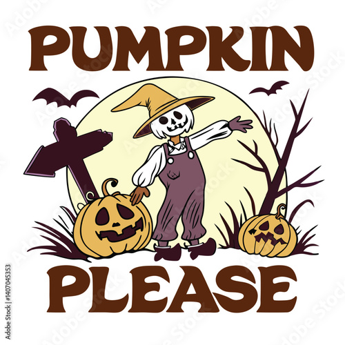 Cartoon Halloween Scarecrow Vector Illustration With Pumpkins And Spooky Elements