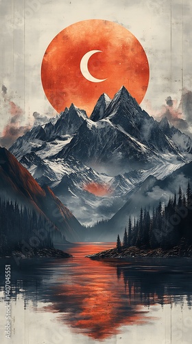 Dramatic Mountain Landscape Phone Wallpaper   Red Sun Crescent Moon & Reflective Lake | 4K Aesthetic Mobile Background


