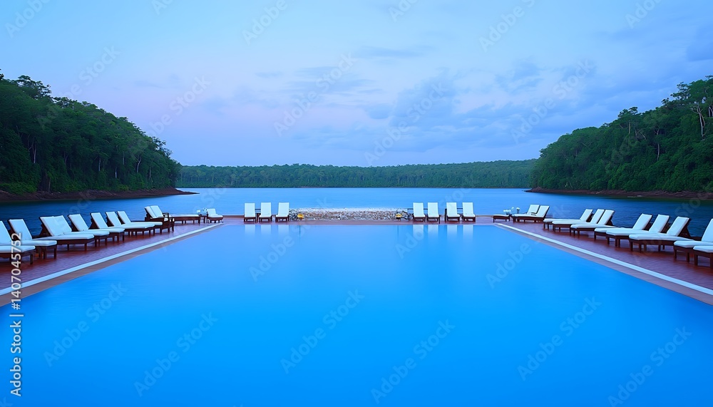 Tranquil Lakeside Pool Deck at Dusk Tranquil Lakeside Pool Deck at Dusk