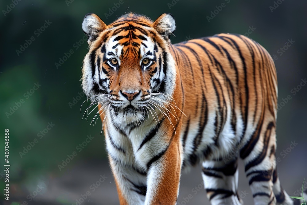 A majestic tiger stands poised looking directly into the camera A majestic tiger stands poised looking directly into the camera