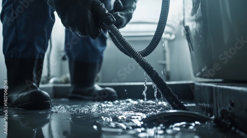 Plumber clearing a clogged drain with a snake tool. Featuring drain cleaning