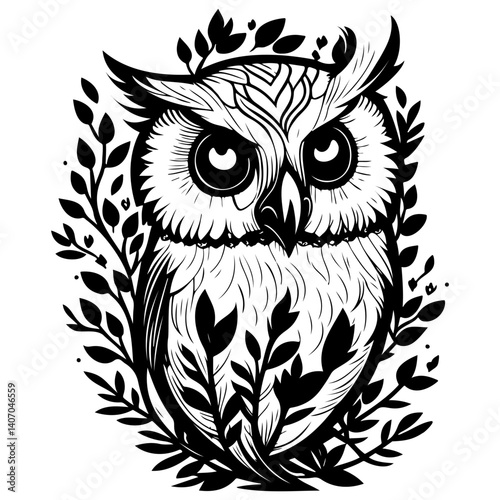 Stylized Owl Drawing with Foliage in Black Line