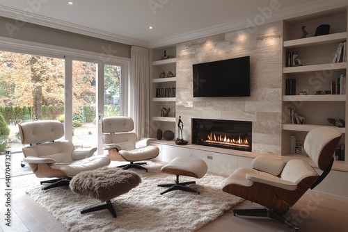 Modern small living room with white leather chairs, fireplace, TV, and built-in bookshelves.