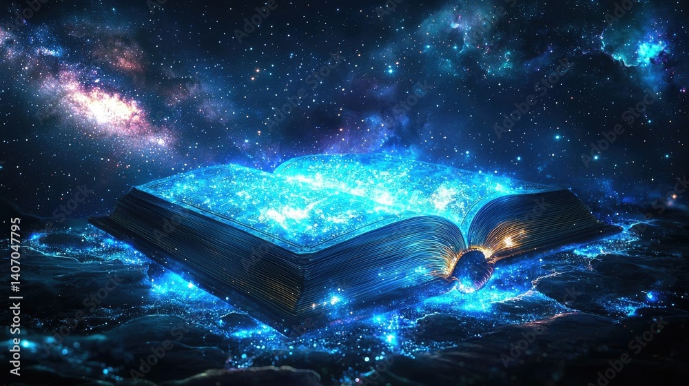 Naklejka premium Open book under starry sky inspiring universe of learning concept. A mystical book glowing in the cosmos filled with stars and energy.