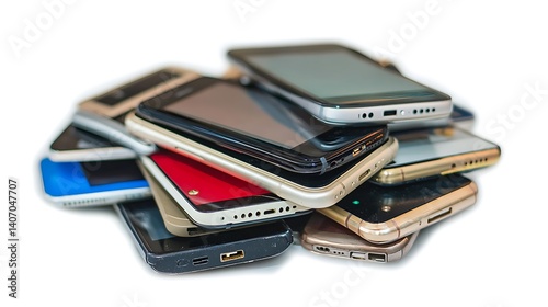 Pile Of Used Mobile Phones On White Background Tech Waste Concept Electronic Gadgets Recycling Initiative End Of Life Devices Refurbished Technology