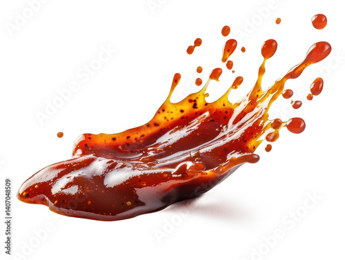 Chili sauce splash with droplets in motion on a solid white surface, high-detail transparent-style stock photo for recipe websites