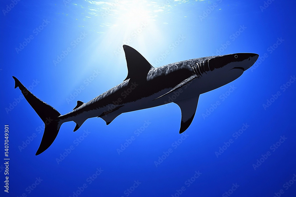 Obraz premium Silent shark glides through the deep ocean depths during daylight hours
