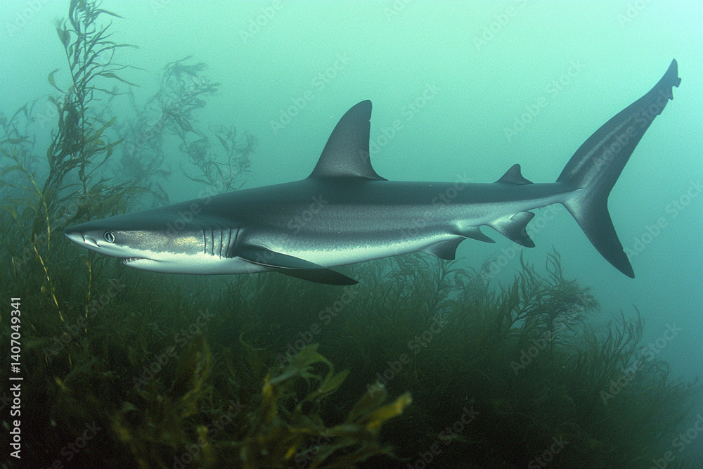 Obraz premium Shark glides silently through the depths of the ocean in search of prey during a tranquil underwater moment
