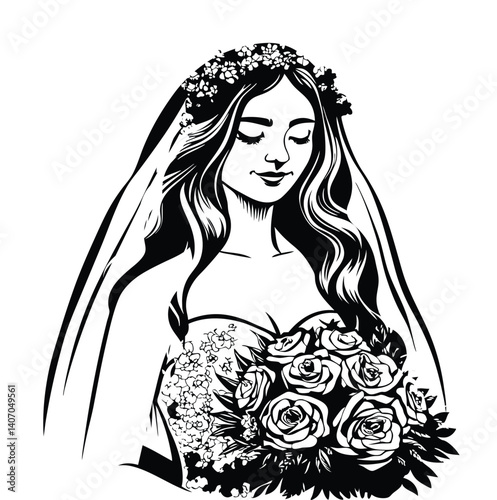 A serene bride with closed eyes adorned in a floral crown and delicate veil, holding a beautiful bouquet