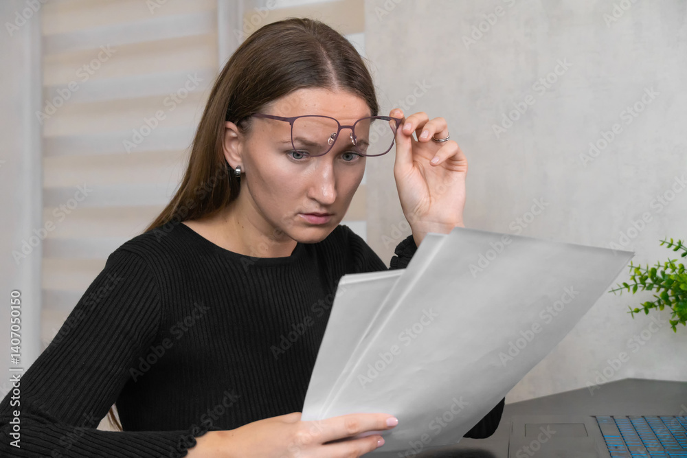 Businesswoman wearing eyeglasses carefully reviewing documents with a focused expression, showcasing concentration and attention to detail in a professional setting