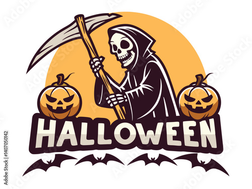 Halloween Grim Reaper With Pumpkins And Bats Illustration Vector Graphic Design
