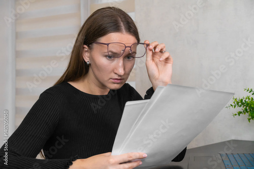 Obraz na płótnie Businesswoman wearing eyeglasses carefully reviewing documents with a focused expression, showcasing concentration and attention to detail in a professional setting w salonie
