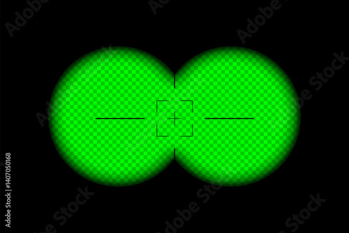 Binoculars viewfinder overlay on transparent background with green night vision effect. Spy POV. Green circular dual lens. Military, hunting optical instrument. Realistic vector illustration.
