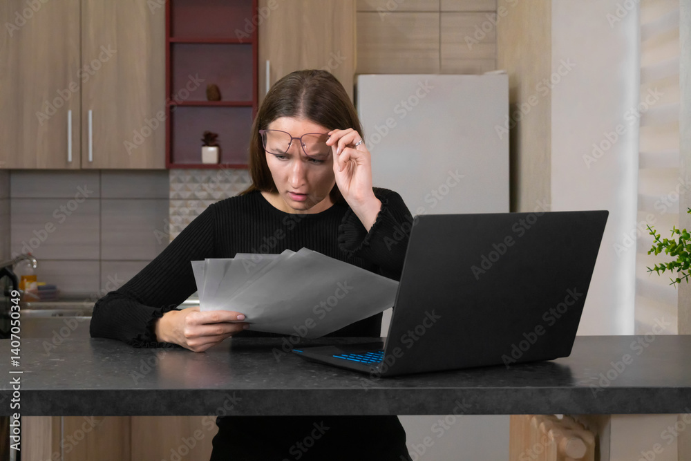 Stunned woman working from home, raising her glasses while reading documents, displaying a shocked expression as she processes unexpected financial news and bills