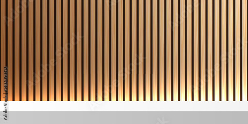 Wooden panel wall illuminated from below and white countertop. Bamboo wall with shelf. Natural wood background with table for product display. Realistic vector backdrop.
