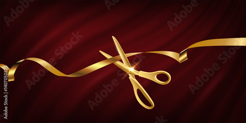 Grand opening ceremony with gold scissors cut ribbon. 3d luxury banner on red royal curtain mantle background. Traditional ritual of launching new business, inauguration. Vector illustration.
