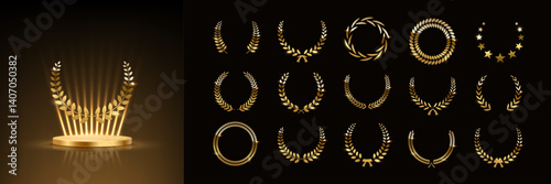 Gold award podium with laurel wreath and set of different golden laurel wreaths vector illustration. Luxury templates for glamour product presentation, winner ceremony.