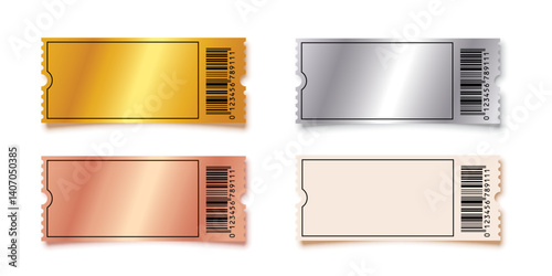 Golden, silver, bronze, white empty tickets set. Coupon, sticker, discount tag mockups isolated on white background. Cinema, theater, concert, event entrance templates. Realistic vector illustration.