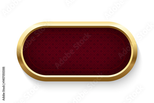 Poker red table background. Casino pattern for game blackjack. Playing button with gold lettering poker in center isolated on white background. UI element. Realistic vector illustration.