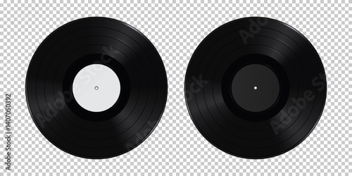 Vinyl record set. Two black vinyl discs with grooves and blank labels on transparent background. Retro music concept, vintage audio media, old-fashioned LP collection. Realistic vector illustration.