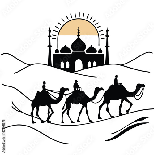 Arabian Desert Camel Caravan Silhouette with Mosque and Sun