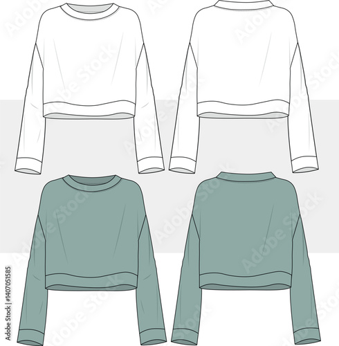 Vector long sleeved oversized top fashion illustration. woman boxy shape round neck with bell sleeves sweatshirt technical drawing, template, mock up, cad, sweatshirt drawing.