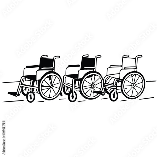 Three wheelchairs lined up illustration medical equipment accessibility aid disability support healthcare assistance