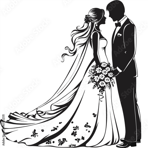 A beautiful silhouette illustration of a newlywed couple sharing a tender moment on their wedding day