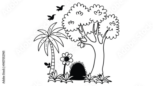 Whimsical Forest Sketch Featuring Central Tree with Hollow Base, Flying Birds, and Surrounding Foliage – Minimalist Black and White Illustration Evoking Serene Nature, Cozy Habitat, and Peaceful Outdo